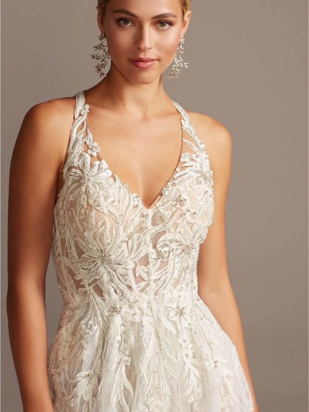 David's Bridal Ivory Lace Appliqué V-Neck Wedding Gown